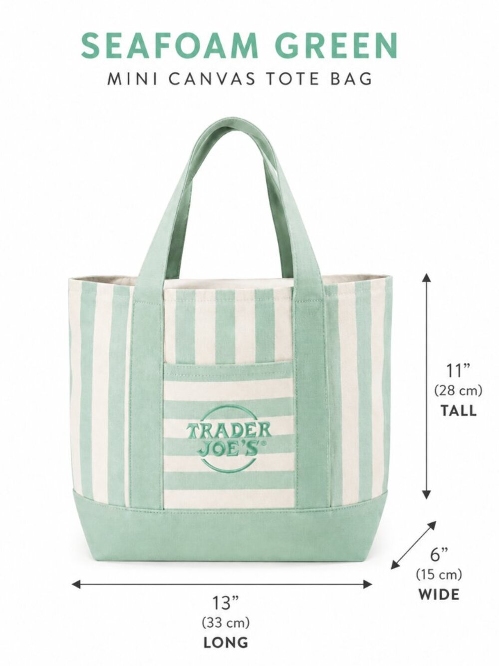 Trader Joe's Seafoam Green Striped Mini Canvas Tote Bag NWT Summer 2026 - Picture 2 of 5